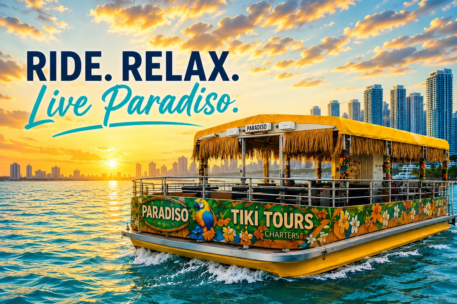 Custom tiki boat adventure tailored to your group at sunset